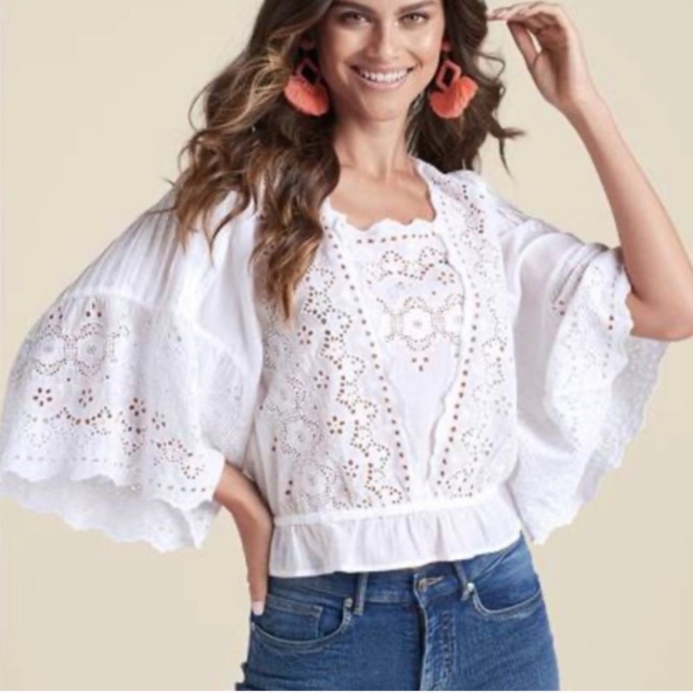 White Eyelet Boho Peasant Blouse -
